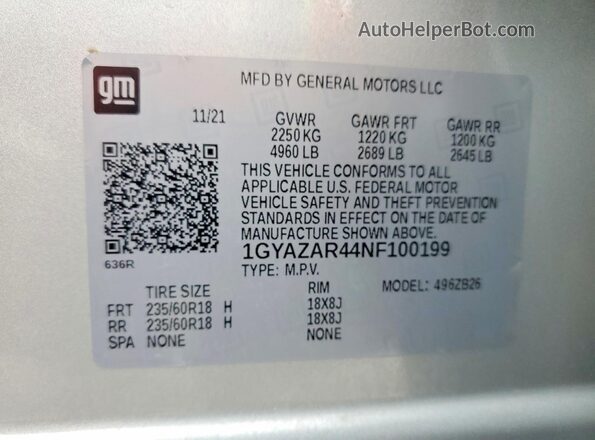 1GYAZAR44NF100199 2022 CADILLAC XT4 Silver Панорамний вид салону 360°