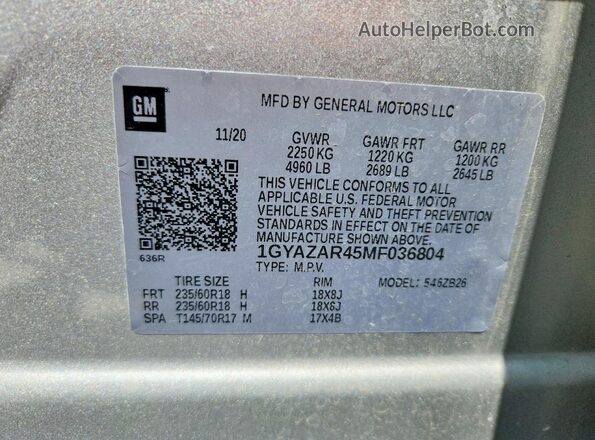 1GYAZAR45MF036804 2021 CADILLAC XT4 Silver Вид наклейки з VIN-кодом