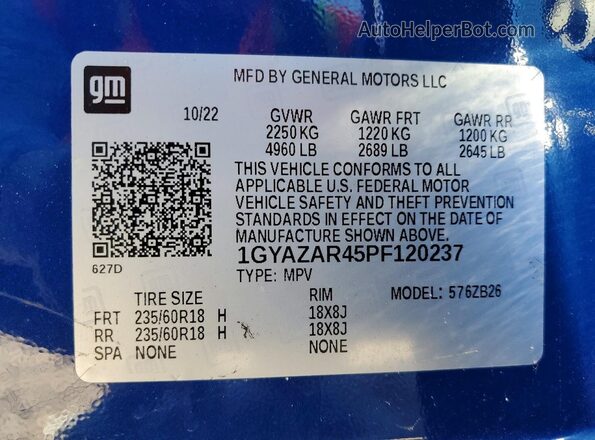 1GYAZAR45PF120237 2023 CADILLAC XT4 Blue Панорамний вид салону 360°