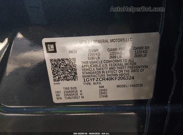 1GYFZCR40KF206324 2019 CADILLAC XT4 Серый Вид подкапотного пространства