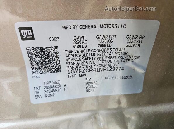 1GYFZCR41NF129774 2022 CADILLAC XT4 Gold Widok naklejki z numerem VIN