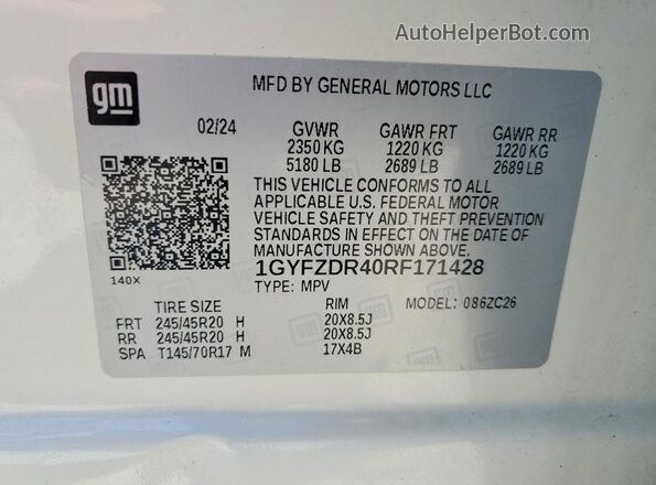 1GYFZDR40RF171428 2024 CADILLAC XT4 White Вид наклейки з VIN-кодом
