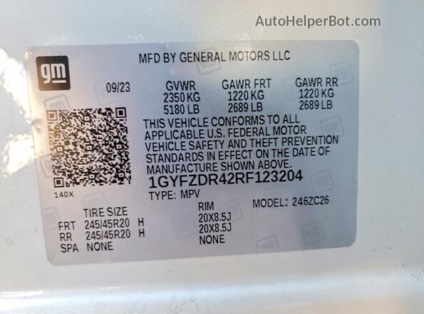 1GYFZDR42RF123204 2024 CADILLAC XT4 White VIN კოდის სტიკერის ხედი