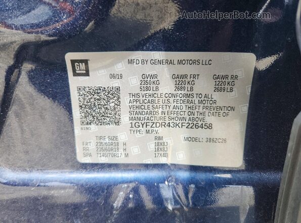 1GYFZDR43KF226458 2019 CADILLAC XT4 Blue Вид наклейки з VIN-кодом