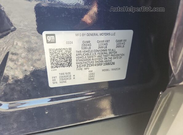 1GYFZDR45RF198026 2024 CADILLAC XT4 Синий Вид наклейки с VIN-кодом