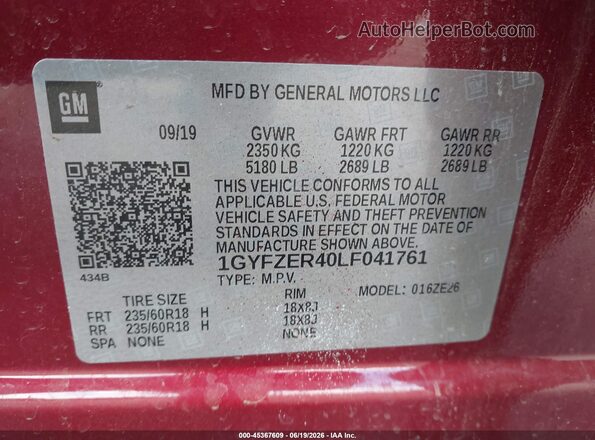 1GYFZER40LF041761 2020 CADILLAC XT4 Красный Вид подкапотного пространства