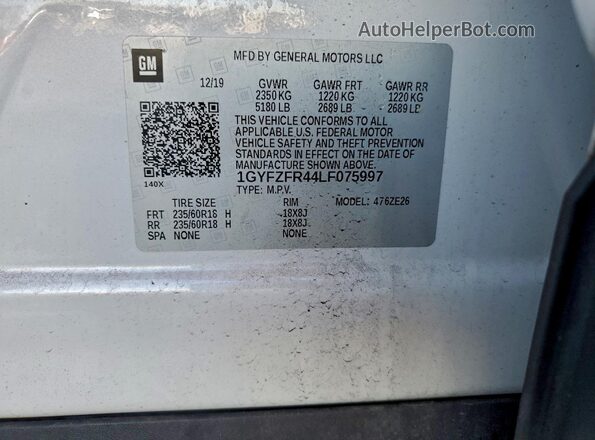 1GYFZFR44LF075997 2020 CADILLAC XT4 White VIN կոդի պիտակի տեսք