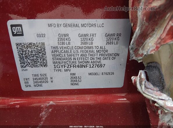 1GYFZFR48NF127697 2022 CADILLAC XT4 Красный Вид подкапотного пространства