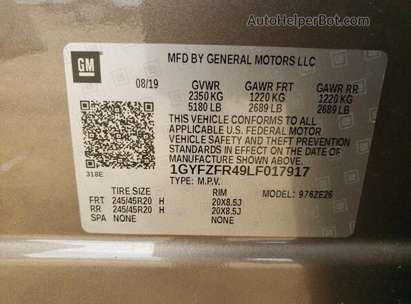 1GYFZFR49LF017917 2020 CADILLAC XT4 Tan VIN կոդի պիտակի տեսք