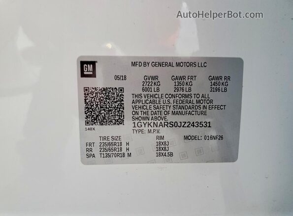 1GYKNARS0JZ243531 2018 CADILLAC XT5 White VIN կոդի պիտակի տեսք