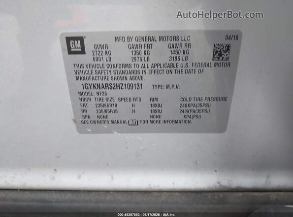 1GYKNARS2HZ109131 2017 CADILLAC XT5 Silver Вид підкапотного простору