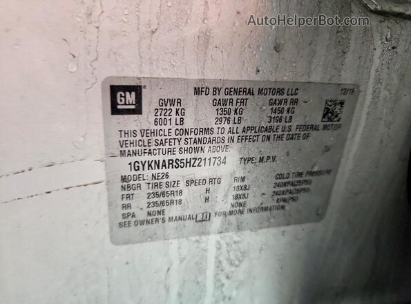 1GYKNARS5HZ211734 2017 CADILLAC XT5 Gray VIN კოდის სტიკერის ხედი