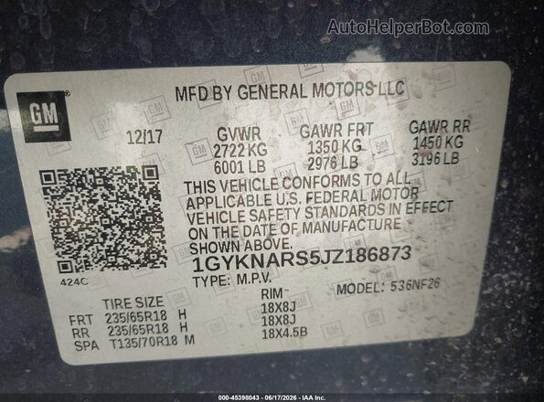 1GYKNARS5JZ186873 2018 CADILLAC XT5 Blue Widok komory silnika