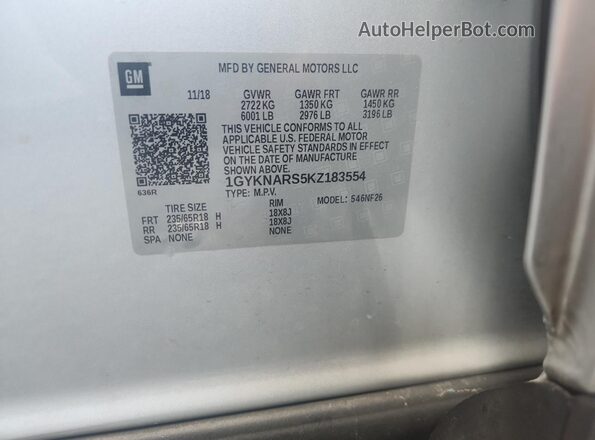1GYKNARS5KZ183554 2019 CADILLAC XT5 Silver 360 interior view