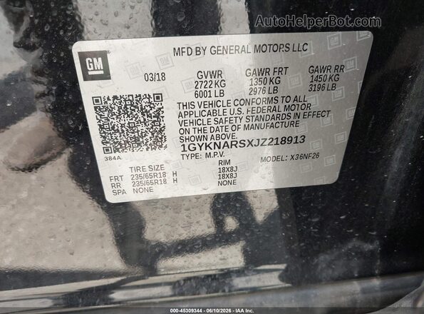 1GYKNARSXJZ218913 2018 CADILLAC XT5 Black ძრავის განყოფილების ხედი