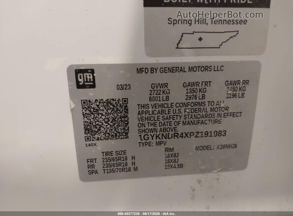 1GYKNDR4XPZ191983 2023 CADILLAC XT5 White Вид підкапотного простору