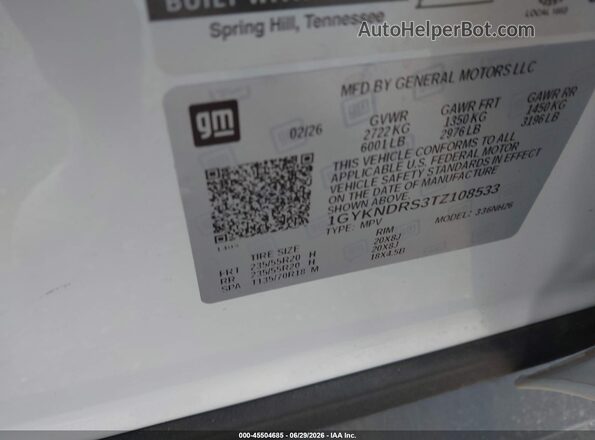 1GYKNDRS3TZ108533 2026 CADILLAC XT5 Белый Вид подкапотного пространства