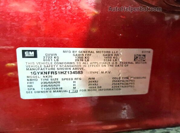 1GYKNFRS1HZ134583 2017 CADILLAC XT5 Red VIN კოდის სტიკერის ხედი