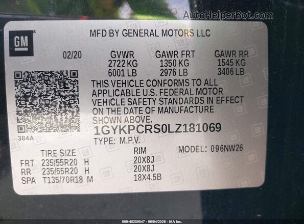 1GYKPCRS0LZ181069 2020 CADILLAC XT6 Black Вид підкапотного простору