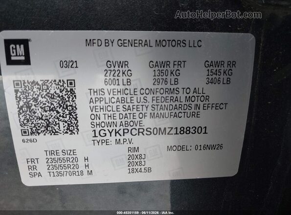 1GYKPCRS0MZ188301 2021 CADILLAC XT6 Gray ძრავის განყოფილების ხედი