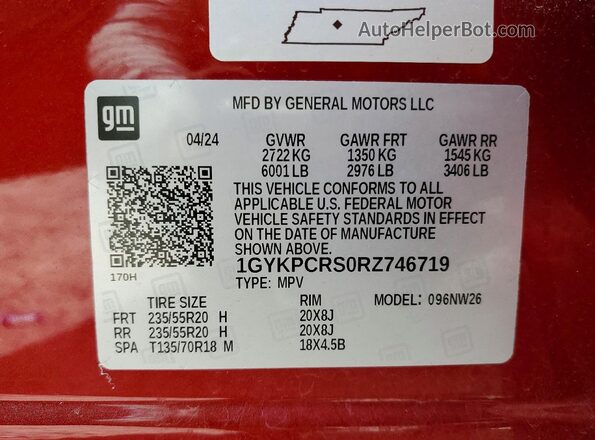 1GYKPCRS0RZ746719 2024 CADILLAC XT6 Red Вид наклейки з VIN-кодом
