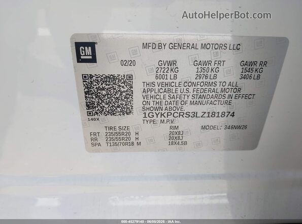 1GYKPCRS3LZ181874 2020 CADILLAC XT6 White Vista del compartimento del motor