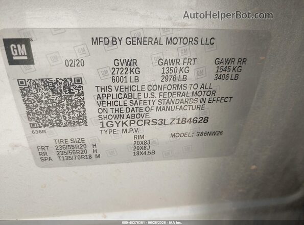 1GYKPCRS3LZ184628 2020 CADILLAC XT6 Серебряный Вид подкапотного пространства
