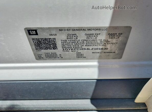 1GYKPCRS4LZ101630 2020 CADILLAC XT6 White VIN sticker view