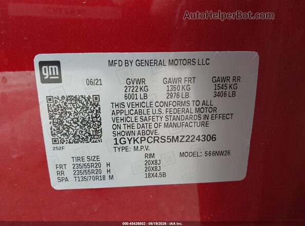 1GYKPCRS5MZ224306 2021 CADILLAC XT6 Red Շարժիչի բաժամունքի տեսք