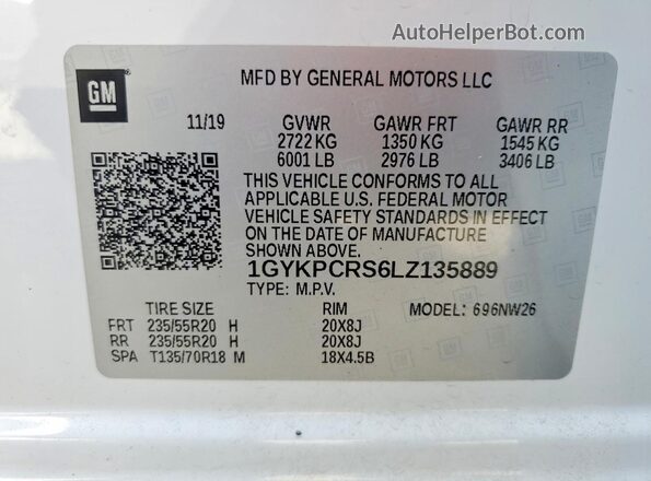 1GYKPCRS6LZ135889 2020 CADILLAC XT6 White Панорамний вид салону 360°