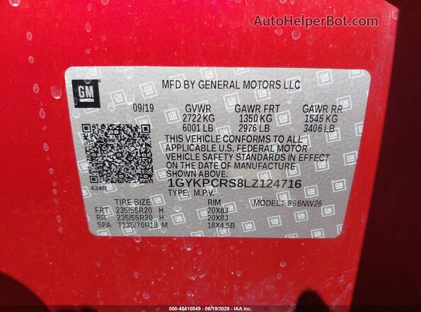 1GYKPCRS8LZ124716 2020 CADILLAC XT6 Red Շարժիչի բաժամունքի տեսք