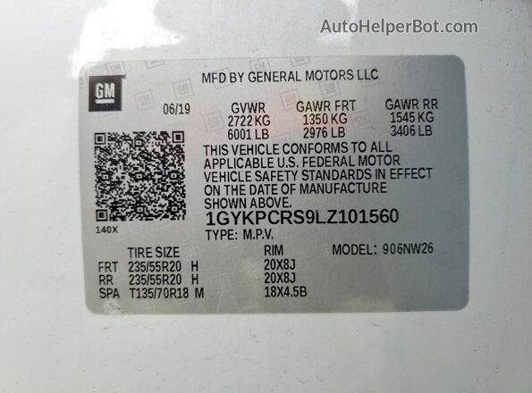 1GYKPCRS9LZ101560 2020 CADILLAC XT6 White VIN sticker view