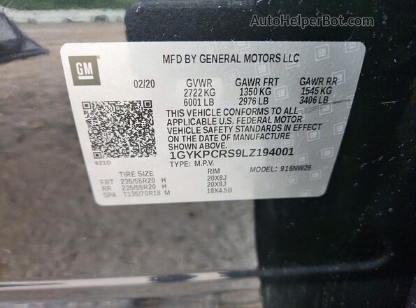 1GYKPCRS9LZ194001 2020 CADILLAC XT6 Gray Вид наклейки з VIN-кодом