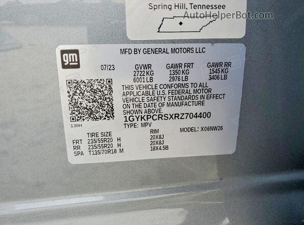 1GYKPCRSXRZ704400 2024 CADILLAC XT6 Gray Вид наклейки з VIN-кодом