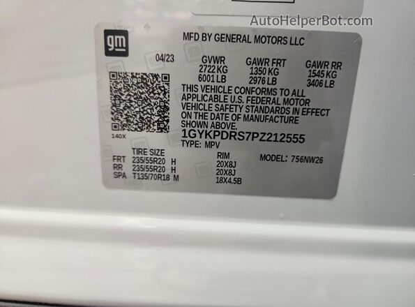 1GYKPDRS7PZ212555 2023 CADILLAC XT6 White Вид наклейки з VIN-кодом