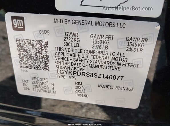 1GYKPDRS8SZ140077 2025 CADILLAC XT6 Черный Вид подкапотного пространства