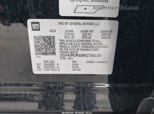 1GYKPERS8RZ736130 2024 CADILLAC XT6 Black Widok komory silnika