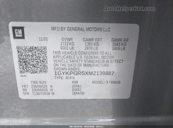 1GYKPGRSXMZ139887 2021 CADILLAC XT6 Gray Շարժիչի բաժամունքի տեսք