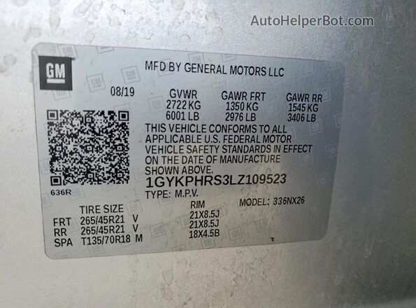 1GYKPHRS3LZ109523 2020 CADILLAC XT6 Silver Widok naklejki z numerem VIN