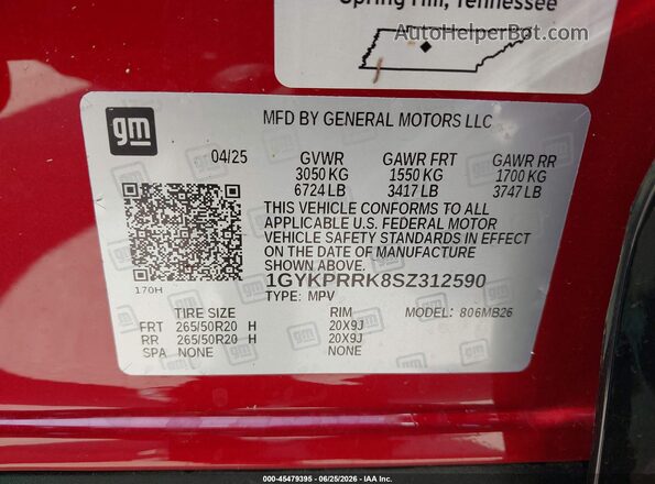 1GYKPRRK8SZ312590 2025 CADILLAC OTHER Red Շարժիչի բաժամունքի տեսք