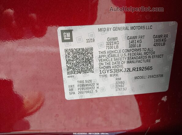 1GYS3BKJ2LR192565 2020 CADILLAC ESCALADE Red 