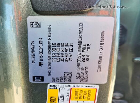 1GYS3BKL3PR149053 2023 CADILLAC ESCALADE Green VIN კოდის სტიკერის ხედი
