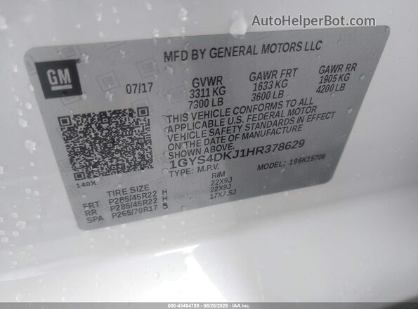 1GYS4DKJ1HR378629 2017 CADILLAC ESCALADE Белый Вид подкапотного пространства