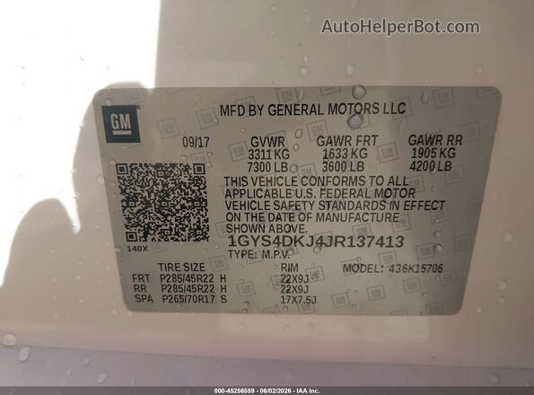 1GYS4DKJ4JR137413 2018 CADILLAC ESCALADE White Engine compartment view