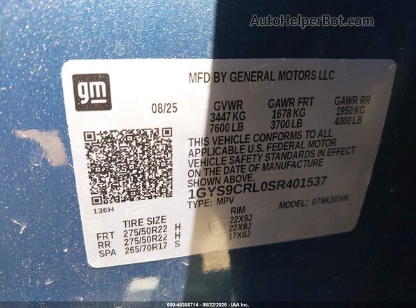 1GYS9CRL0SR401537 2025 CADILLAC ESCALADE Blue Engine compartment view
