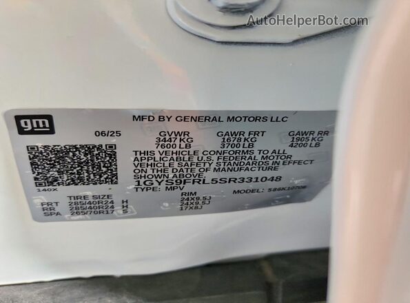1GYS9FRL5SR331048 2025 CADILLAC ESCALADE Белый Вид наклейки с VIN-кодом