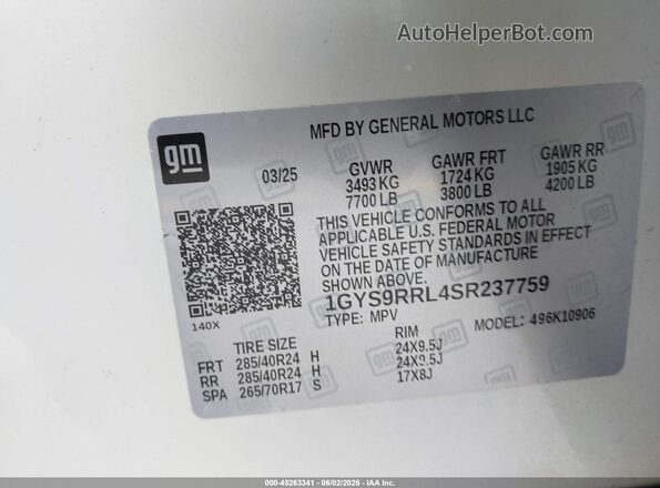 1GYS9RRL4SR237759 2025 CADILLAC ESCALADE White Widok komory silnika