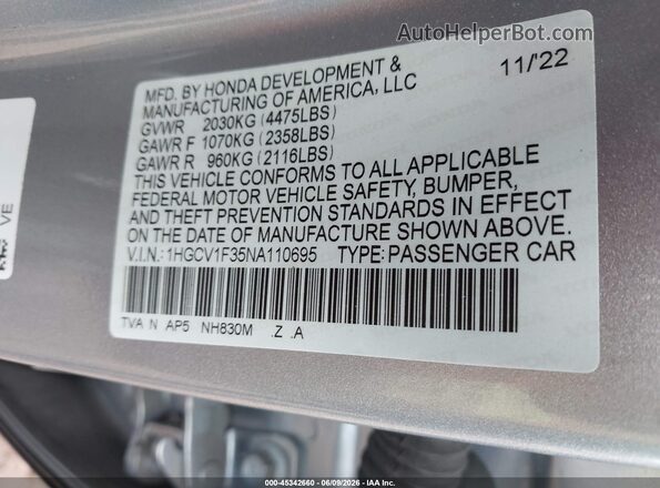 1HGCV1F35NA110695 2022 HONDA ACCORD Silver ძრავის განყოფილების ხედი