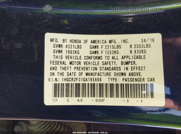 1HGCR2F01GA195666 2016 HONDA ACCORD Blue Շարժիչի բաժամունքի տեսք