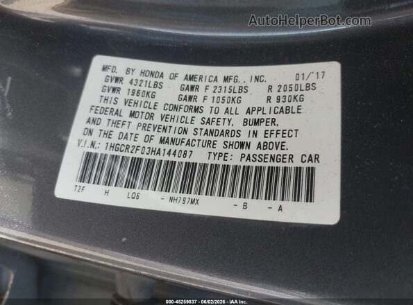 1HGCR2F03HA144087 2017 HONDA ACCORD Gray Vista del compartimento del motor